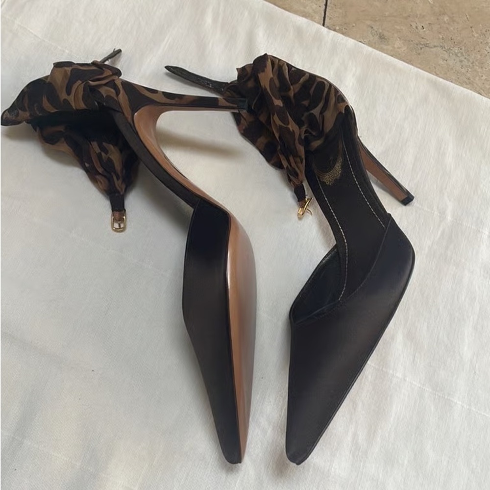 Rene Caovilla Black and Brown Heels with Leopard Bow - Picture 2 of 11